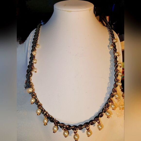 Ann Taylor Goldtone Chain Black Cord & Faux Pearl Necklace 29" - Picture 1 of 5